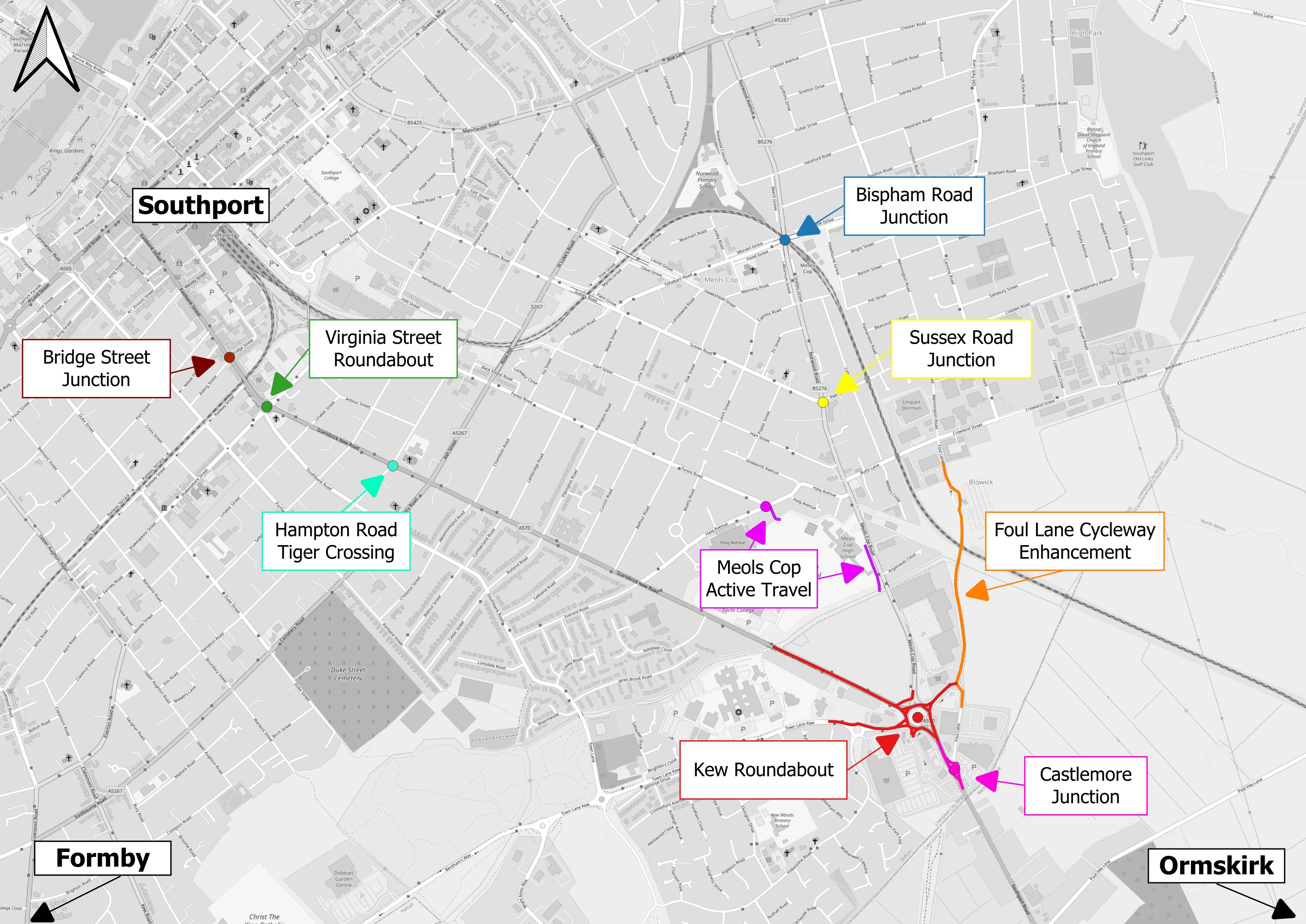 This map shows the location of the Southport Eastern Access Scheme. It shows the improvements proposed including (from west to east) Bridge Street Junction, Virginia Street Roundabout, Hampton Road Tiger Crossing, Bispham Road Junction, Sussex Road Junction, Meols Cop Active Travel, Kew Roundabout, Castlemore Junction and Foul Lane Enhanced Cycleway.