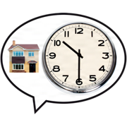 A clock and a house in a speech bubble