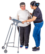 A Support Worker helping someone to walk with an aid