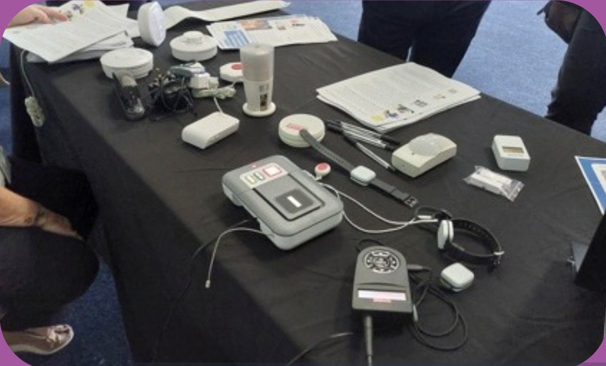 A table with examples of assisted technology, such as senors and personal alarms