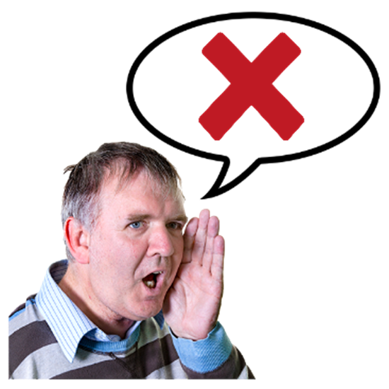 A man with a speech bubble that has a red cross in it