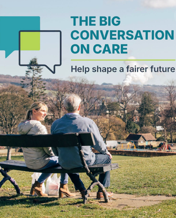 The Big Conversation on Care with a man and a woman sitting on a bench