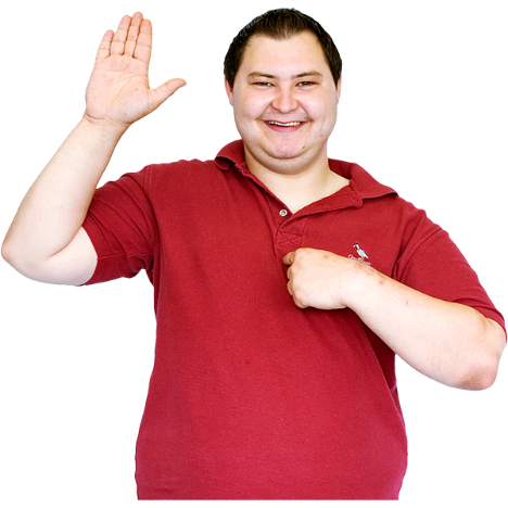 A man pointing to himself and holding up his other hand