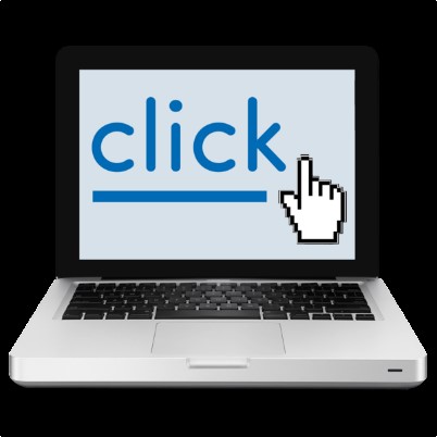 A laptop with the word 'click' on it.