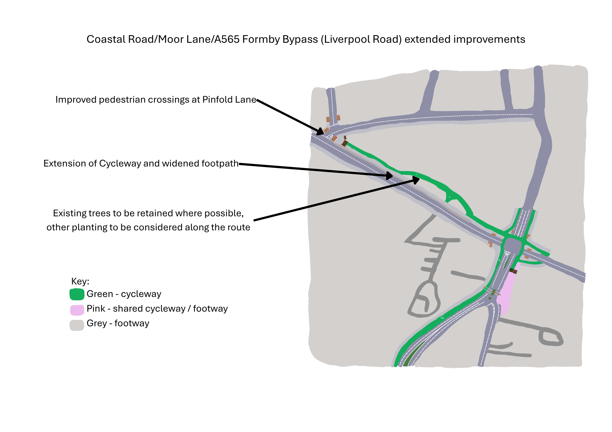 Illustration of the extended improvements, showing upgraded pedestrian crossings at Pinfold Lane aswell as an extended cycleway,