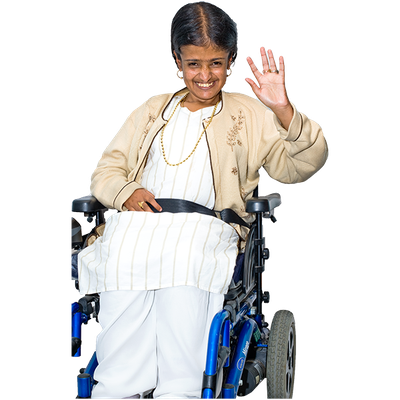 An Asian woman in a wheelchair