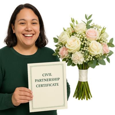 Woman with Civil Partnership Certificate and flowers