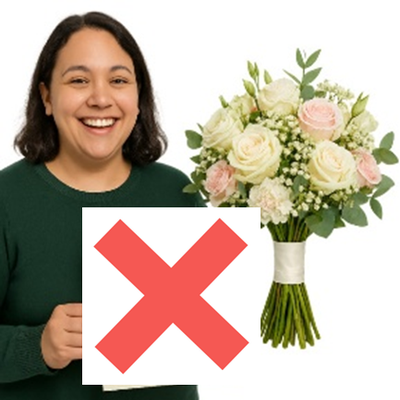 Woman holding flowers and a red cross
