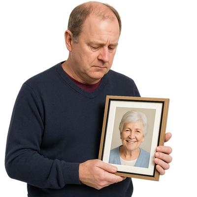 A man holding a photograph of a woman