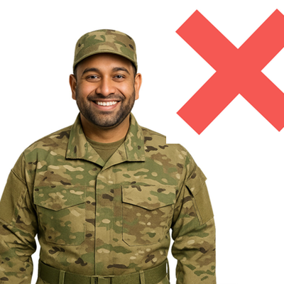A smiling solider with a red cross