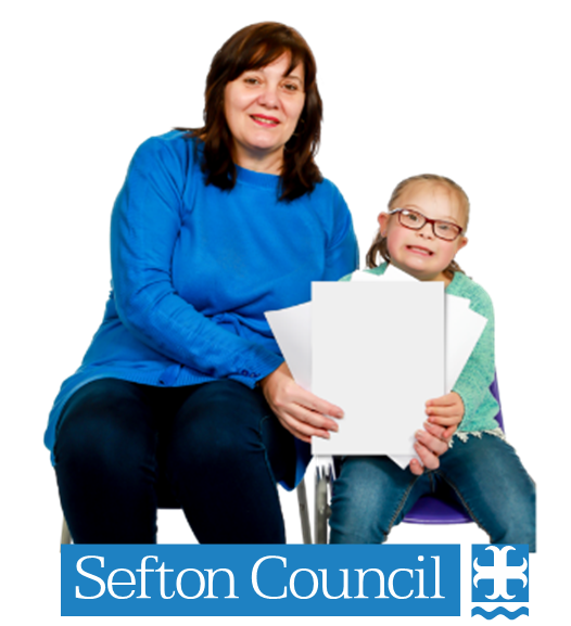 A woman and a child in a wheelchair and the Sefton logo
