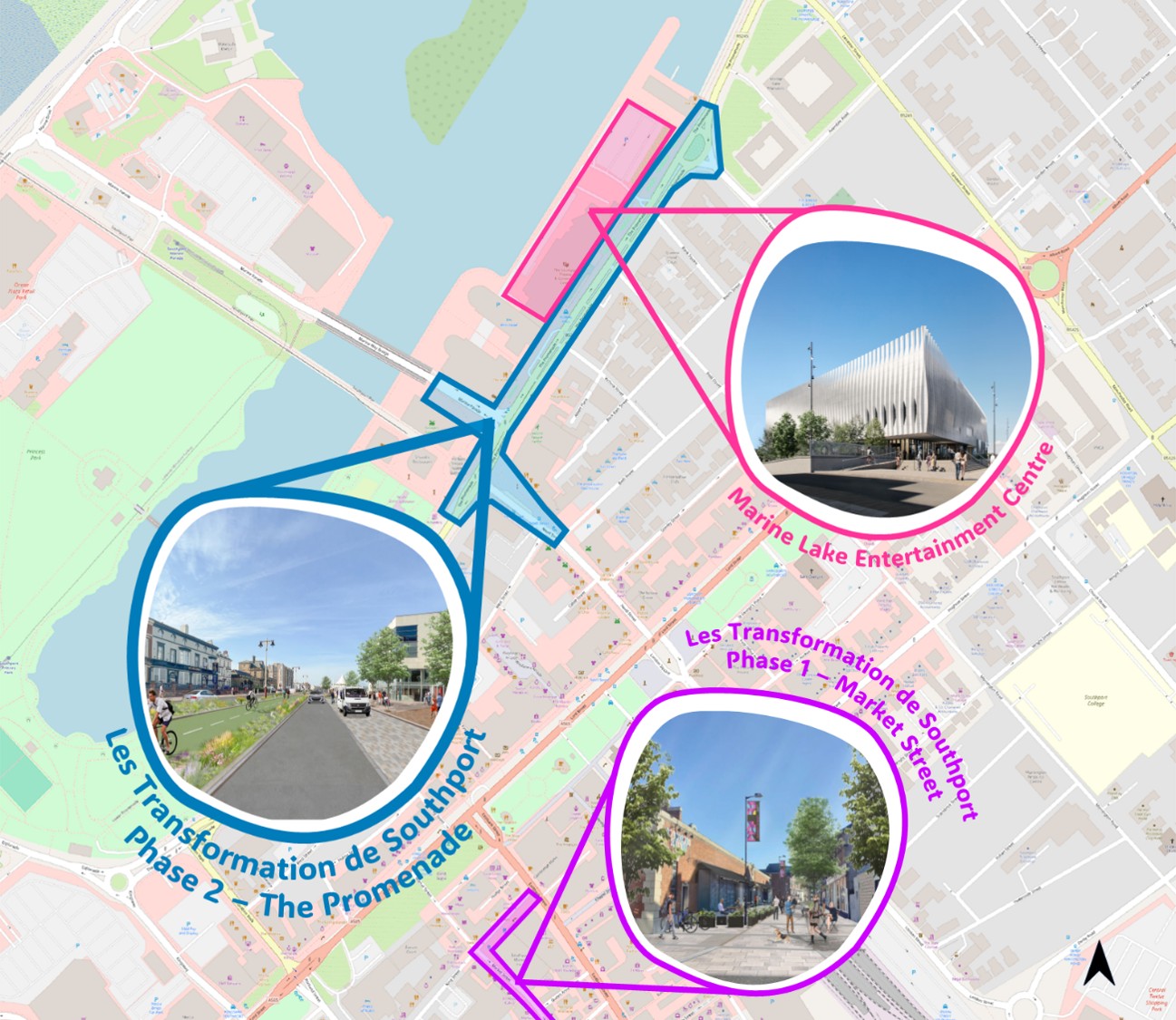 map of the town centre: An illustrated map of the three main parts of the Les Transformations de Southport vision, including the phase 1 Market Street improvements, phase 2 related to the promenade, and the Marine Lake Events Centre.