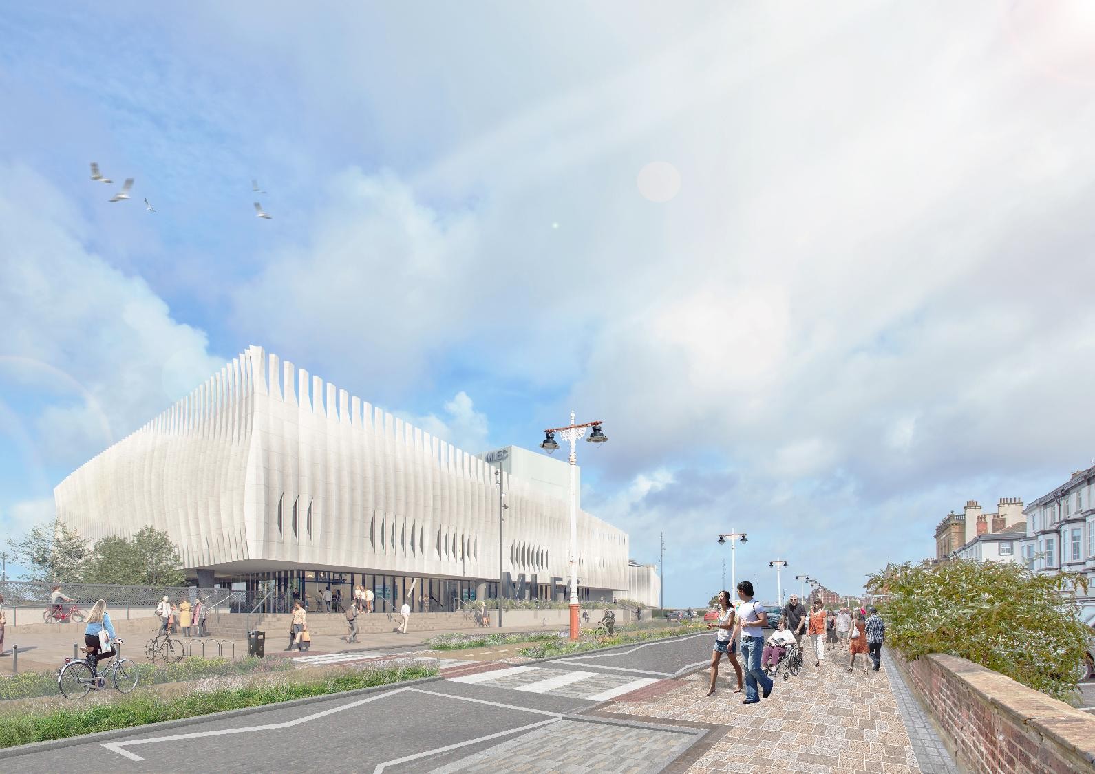 A computer generated image of the proposed highway changes, new pedestrian crossing and improved paving. The Marine Lake Events Centre is shown in the background.