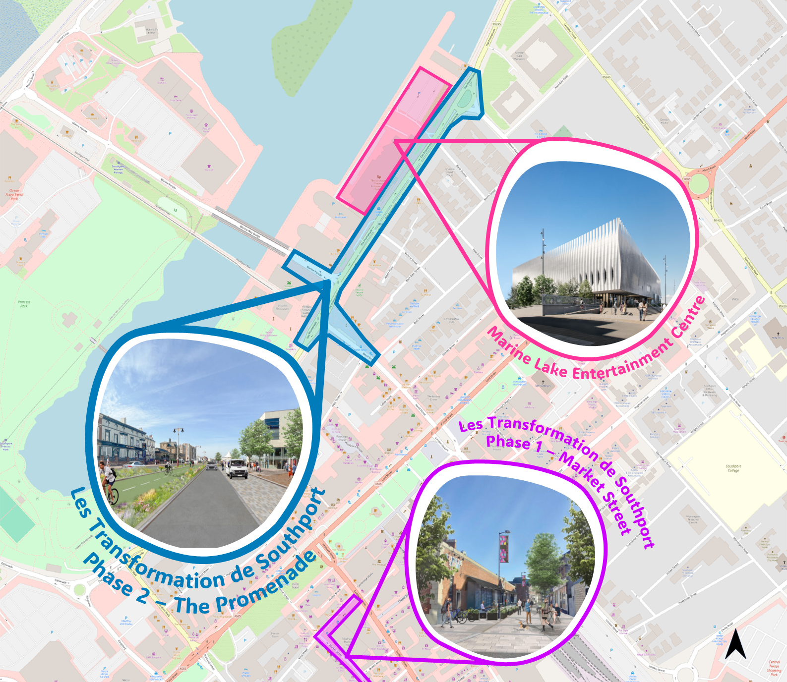 A map with images of buildings and showing the location of the proposed changes to the highways in Southport to support the MLEC