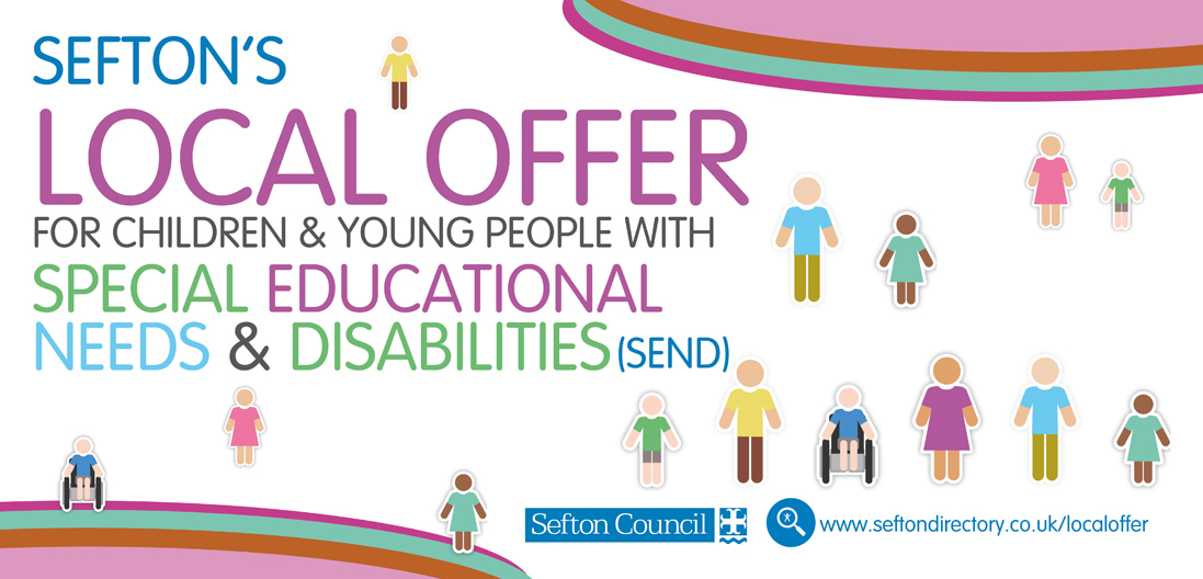 Logo for Sefton's Local Offer, which also has images of children and young people and the logo for Sefton Council.
