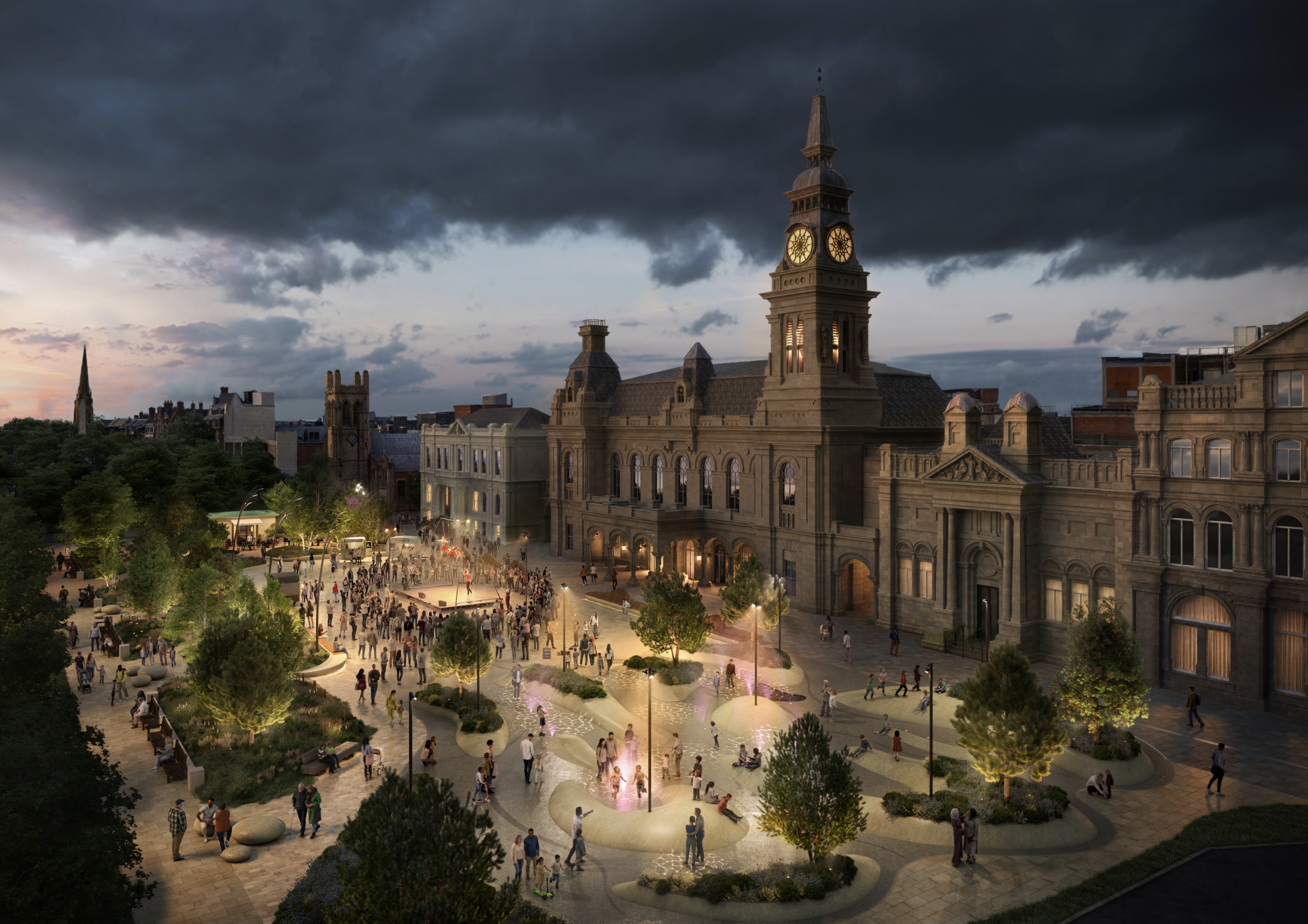 CGI night time image showing green spaces and people walking through lit up streets