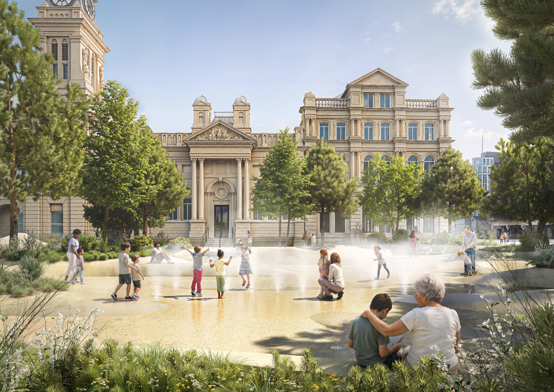 CGI image of children playing in the fountains in front of the Town Hall