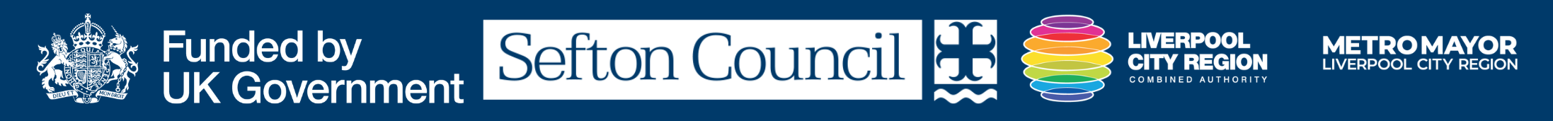 Logos: Funded by UK Government, Sefton Council, Liverpool City region combine authority, Metro Mayor Liverpool City region